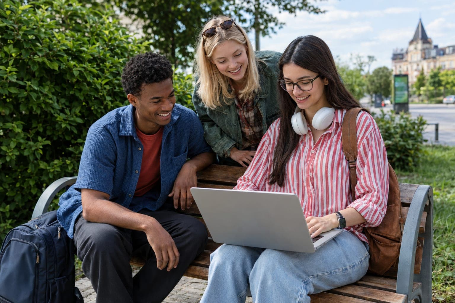 Students studying together outdoors with a laptop