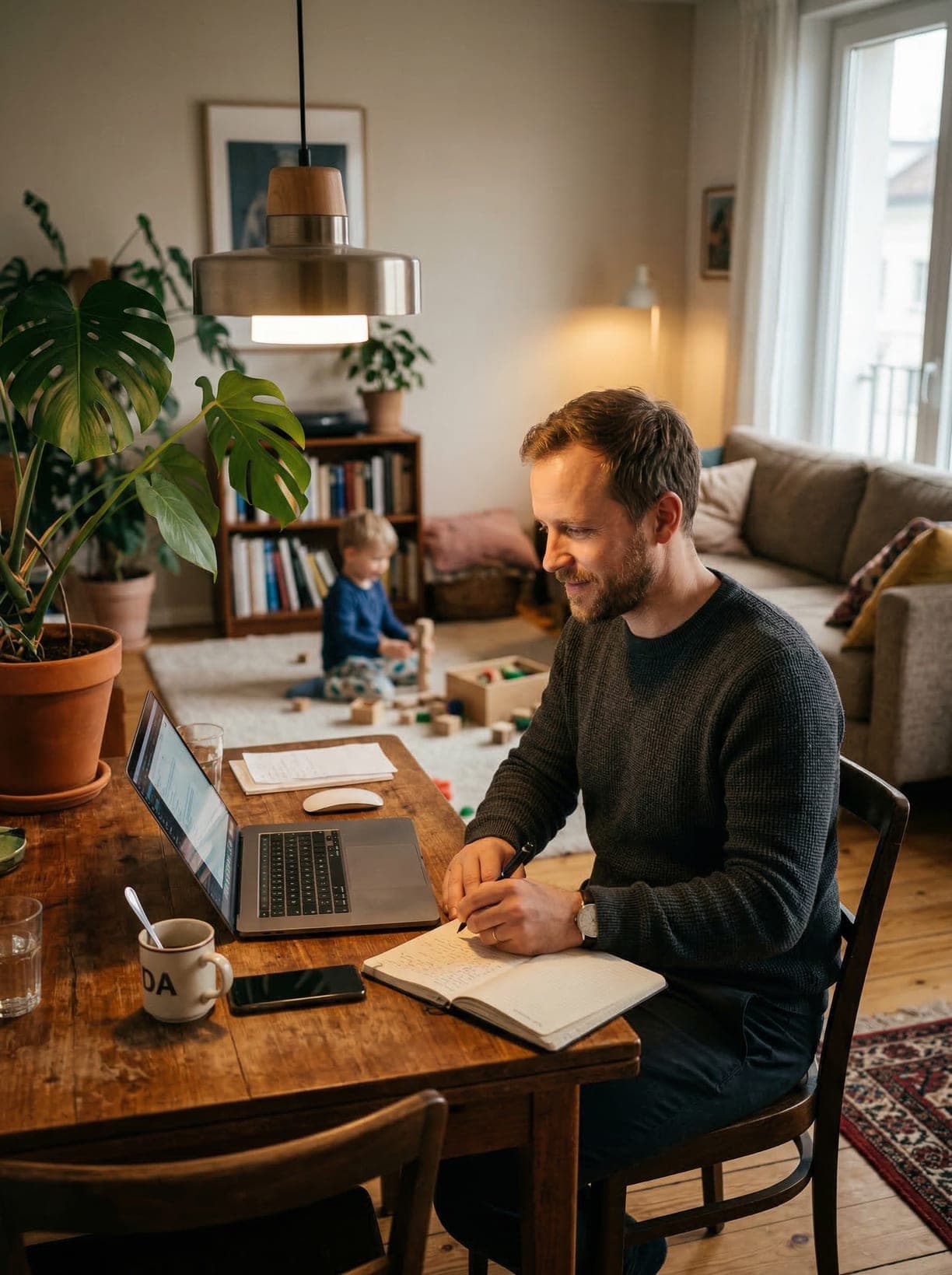 Adult learner studying at home with a laptop
