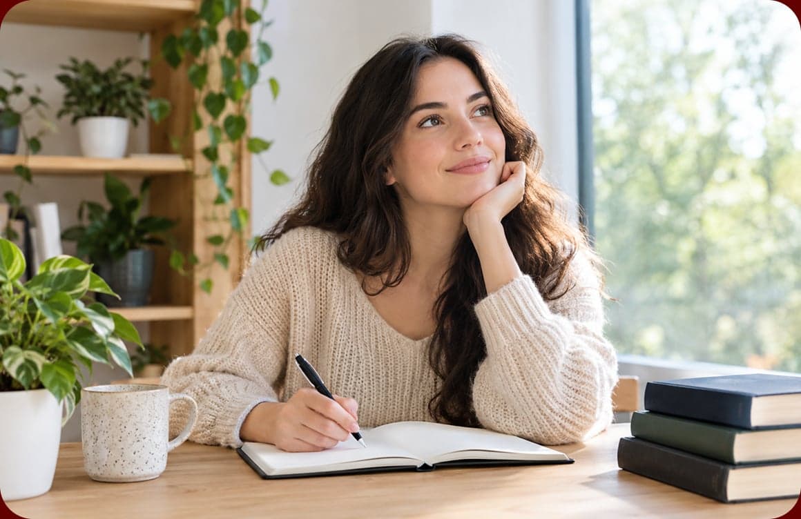 Student smiling while writing in a notebook