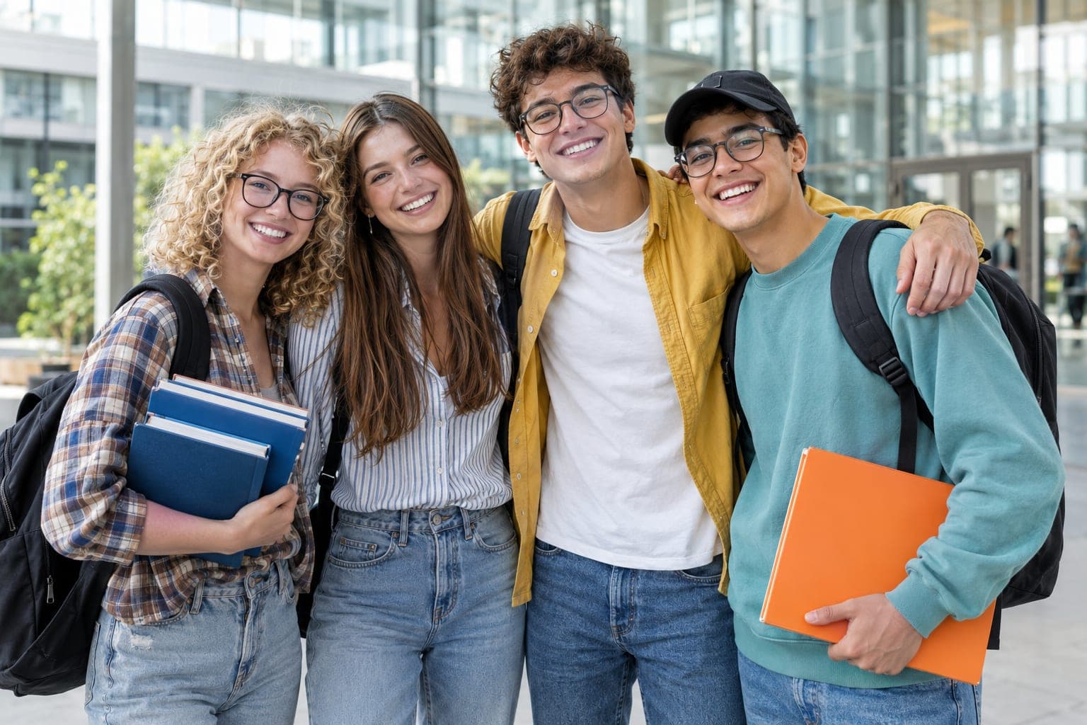 Group of smiling students holding notebooks